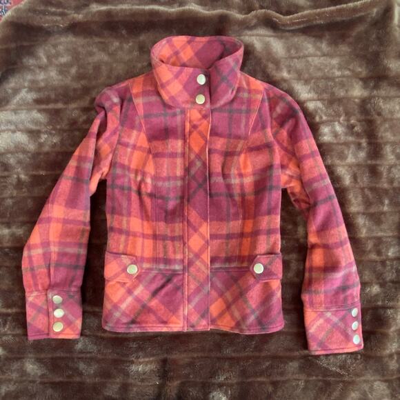 SUPER CUTE! Abbie Mags 4 Orange Maroon Plaid Wool Blend Short Jacket - Picture 1 of 9